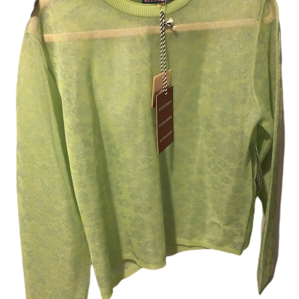 ALEXACHUNG sheer lime green glittery floral top!